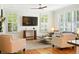 Comfortable living room with hardwood floors, plantation shutters, and a ceiling fan at 7527 E Severn Pl, Denver, CO 80230