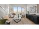 Sunlit living room boasting large windows, sleek decor, and hardwood floors, leads to kitchen at 5928 N Lisbon St, Aurora, CO 80019