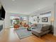 Modern living room with hardwood floors, a fireplace, and sliding doors that open to an outdoor patio at 4525 N Raleigh St, Denver, CO 80212