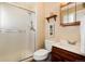 Bathroom features a shower, wood-framed mirror, and vanity with gold hardware at 6851 S Franklin St, Centennial, CO 80122