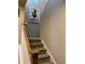 Carpeted staircase with white railing and a colorful rooster art piece displayed on the wall at 11235 S Neu Towne Cir, Parker, CO 80134