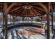 Inside view of a wooden gazebo with brick flooring at 900 Emerald St, Broomfield, CO 80020