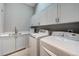 Modern laundry room featuring white cabinets, countertop space, and updated washer and dryer units for added convenience at 5745 W Mansfield Ave # 265, Denver, CO 80235