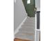 Carpeted staircase with a dark green accent wall and modern railing at 18085 E 107Th Pl, Commerce City, CO 80022
