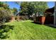 Spacious backyard with deck, mature trees, and a large grassy area at 2834 S Fig St, Lakewood, CO 80228