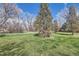 Green backyard featuring a lush green lawn surrounded by mature trees against a bright, sunny sky at 3850 Paseo Del Prado # 29, Boulder, CO 80301