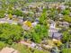 Neighborhood aerial view, showcasing tree-lined streets and nearby sports fields at 7379 S Lafayette W Cir, Centennial, CO 80122