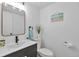 Contemporary bathroom featuring dark vanity, large mirror, modern fixtures, and decor accents at 3575 S Ouray St, Aurora, CO 80013
