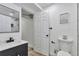 Stylish bathroom featuring modern fixtures, including a dark vanity, a stylish sink, and a sleek walk-in shower at 3575 S Ouray St, Aurora, CO 80013