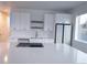 Modern kitchen boasts white cabinetry, stainless steel appliances, sleek countertops, and an island with cooktop at 5462 S Cedar St, Littleton, CO 80120