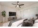 Bedroom featuring a ceiling fan, a large TV, a closet, and stylish decor, creating a cozy and modern space at 12010 E Harvard Ave, Aurora, CO 80014