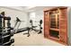 Spacious home gym featuring modern exercise equipment and a personal wooden sauna at 4330 N Raleigh St, Denver, CO 80212