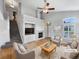 Bright, staged living room with vaulted ceilings, fireplace, and hardwood floors at 10674 Cherrington St, Highlands Ranch, CO 80126
