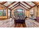 Spacious living room boasting vaulted ceilings, exposed beams, a stone fireplace, and large windows with scenic views at 30 W Ranch Trl, Morrison, CO 80465
