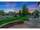 Beautiful backyard with a stone patio, lush green lawn, and white picket fence at sunset at 2647 Gray Wolf Loop, Broomfield, CO 80023