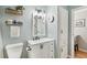Stylish bathroom boasts modern vanity, fixtures, and storage, with coordinated pastel wall color at 2355 E Geddes Ave # C24, Littleton, CO 80122