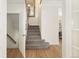 Carpeted staircase with elegant white trim, leading to the upper level, next to hardwood floors at 10109 E 28Th Ave, Denver, CO 80238