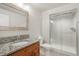 Bathroom features a granite-topped wood vanity and a glass-enclosed tiled shower stall at 10272 Greenfield Cir, Parker, CO 80134
