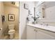 Half bathroom with a large mirror, single vanity, and toilet at 955 Eudora St # 407E, Denver, CO 80220
