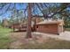 Exterior view of the home showing large trees, deck, and fenced yard at 30321 Chestnut Dr, Evergreen, CO 80439