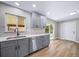 Kitchen features stainless steel appliances, gray cabinets, quartz countertops, and a backyard view at 4064 S Olathe Ct, Aurora, CO 80013