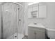 Bathroom featuring a glass enclosed shower and new vanity with mirror at 1865 S Knox Ct, Denver, CO 80219