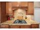 Granite counters and backsplash accent the stainless steel gas cooktop at 7717 S Grape Ct, Centennial, CO 80122