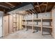 Unfinished basement with exposed ductwork, plywood walls, and a raw concrete floor at 867 S Grape St, Denver, CO 80246