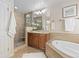 Spa-like bathroom featuring a walk-in shower, soaking tub, and double vanities, creating a luxurious and relaxing retreat at 381 Rainbow Ln, Lafayette, CO 80026