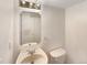 Half bathroom with a pedestal sink, mirror, and toilet at 18951 E 43Rd Ave, Denver, CO 80249