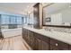 Elegant bathroom with double vanity, soaking tub, and mosaic tile at 4505 S Yosemite St # 102, Denver, CO 80237