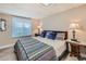Comfortable bedroom featuring a decorative quilt, wood furniture and window with blinds at 4505 S Yosemite St # 102, Denver, CO 80237