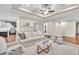 Open-concept living room with tray ceilings, hardwood floors, and backyard views at 9754 W Ontario Pl, Littleton, CO 80128