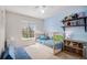 Bedroom featuring a loft-style bed, blue walls, and carpet at 3543 S Ceylon Way, Aurora, CO 80013