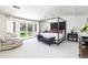 Elegant main bedroom featuring a four-poster bed, chaise lounge, and patio access to the backyard at 3901 S Dexter St, Cherry Hills Village, CO 80113