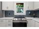 Kitchen features stainless steel appliances, quartz counters, and dark blue backsplash at 3529 N Garfield St, Denver, CO 80205