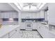 Updated kitchen with white appliances, cabinets, marble countertop and blue accent wall at 3274 S Heather Gardens Way, Aurora, CO 80014