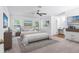 Spacious bedroom with neutral tones, ceiling fan, two windows and ensuite bathroom at 3274 S Heather Gardens Way, Aurora, CO 80014