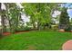 Landscaped backyard with mature trees and well-maintained lawn at 236 W Sycamore Ln, Louisville, CO 80027