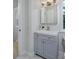 Stylish bathroom featuring a modern vanity with gray cabinetry and hexagon tiled flooring at 236 W Sycamore Ln, Louisville, CO 80027