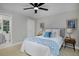 Charming bedroom featuring a ceiling fan, carpet, and a cozy bed with blue patterned accents at 236 W Sycamore Ln, Louisville, CO 80027