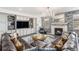 Cozy living room featuring a stone fireplace, built-in shelves, and a large leather sectional at 2627 Hillcroft Ln, Castle Rock, CO 80104