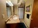 Well-lit bathroom with a single sink vanity, decorative mirror, and shower/tub combo with patterned curtain at 1740 Michael Gates Dr, Parker, CO 80138