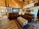 Cozy living room featuring leather sofas, wood-style flooring, and rustic decor elements under a wood ceiling at 1740 Michael Gates Dr, Parker, CO 80138
