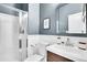 Modern bathroom featuring a glass-enclosed shower, and a vanity with a contemporary sink at 2889 Windridge Cir, Highlands Ranch, CO 80126