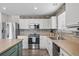 Modern kitchen featuring stainless steel appliances, white cabinets, light countertops, and stylish backsplash at 4797 Longs Peak St, Brighton, CO 80601