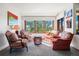 Comfortable sitting room with mountain views, large windows, and carpeted flooring at 2851 Interlocken Dr, Evergreen, CO 80439