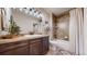 Bathroom showcasing a shower-tub combo, wood cabinets, a decorative mirror and unique light fixture at 4502 Echo Cliff Ln, Larkspur, CO 80118