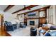 Cozy living room with a stone fireplace, beamed ceiling, and inviting leather seating at 4502 Echo Cliff Ln, Larkspur, CO 80118