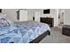 Bedroom features gray carpet, a large wooden bed, dresser, wardrobe, and a walk-in closet at 7433 Ellingwood Cir, Frederick, CO 80504